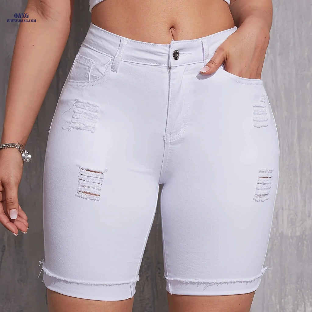 Women's High-Waisted Distressed Denim Shorts - Casual Summer Style   OAXG 