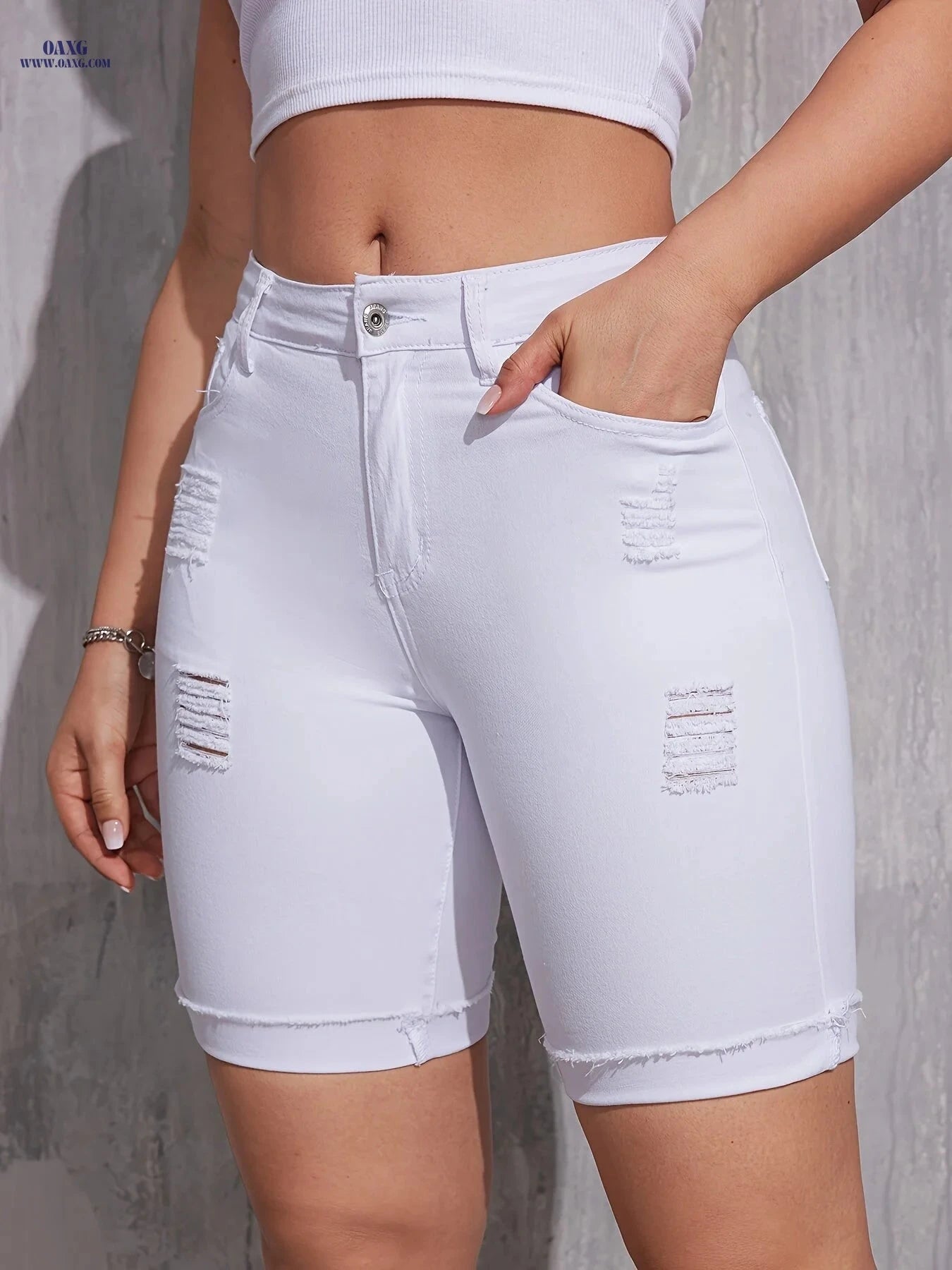 Women's High-Waisted Distressed Denim Shorts - Casual Summer Style   OAXG 