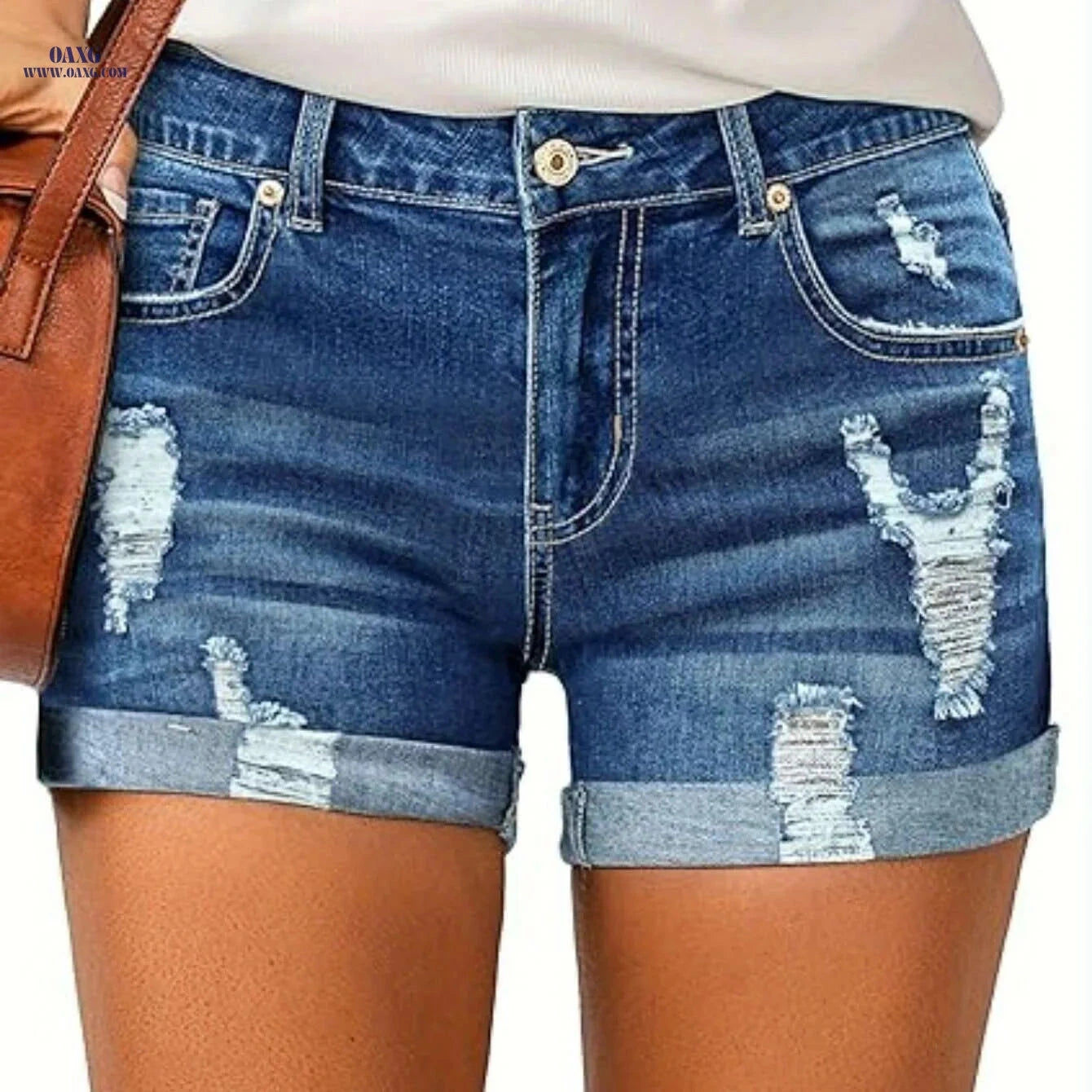 Women's High Waisted Distressed Denim Shorts - Casual Summer Style   OAXG 