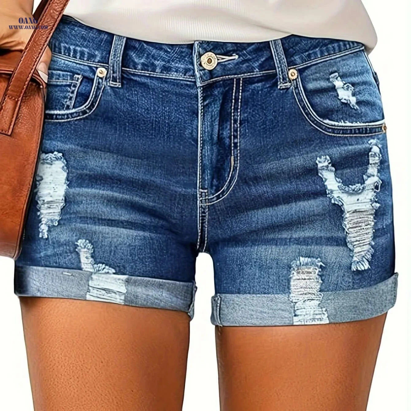 Women's High Waisted Distressed Denim Shorts - Casual Summer Style   OAXG 