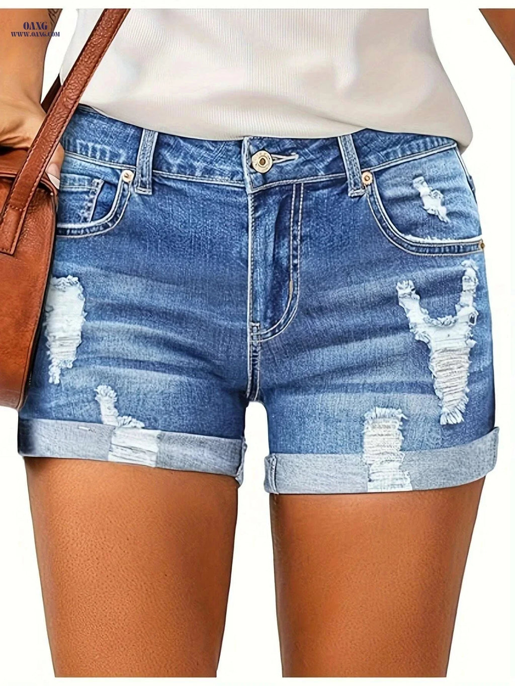Women's High Waisted Distressed Denim Shorts - Casual Summer Style   OAXG 