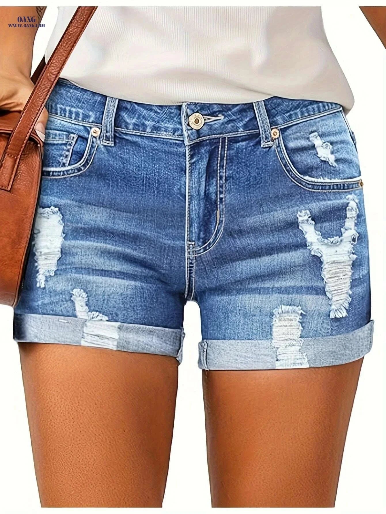 Women's High Waisted Distressed Denim Shorts - Casual Summer Style   OAXG 