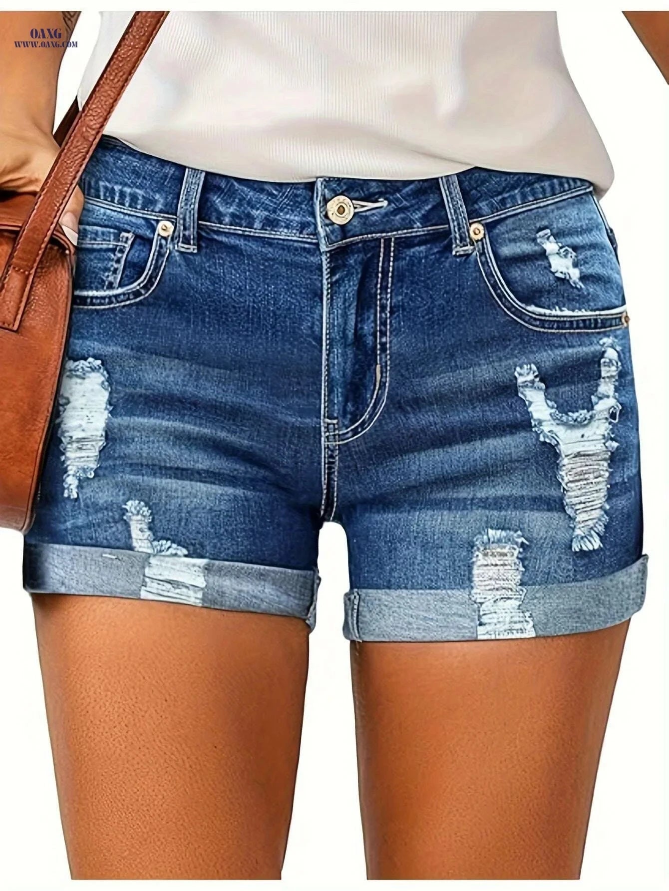 Women's High Waisted Distressed Denim Shorts - Casual Summer Style   OAXG 