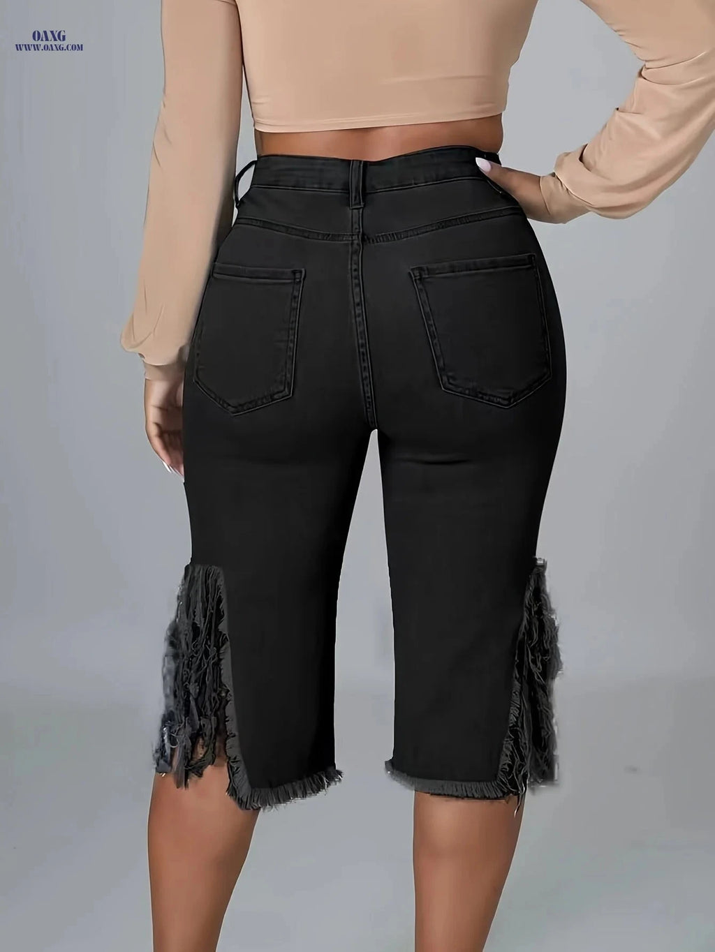 Women's High-Waisted Distressed Denim Shorts - Ripped Fringe Hem   OAXG 