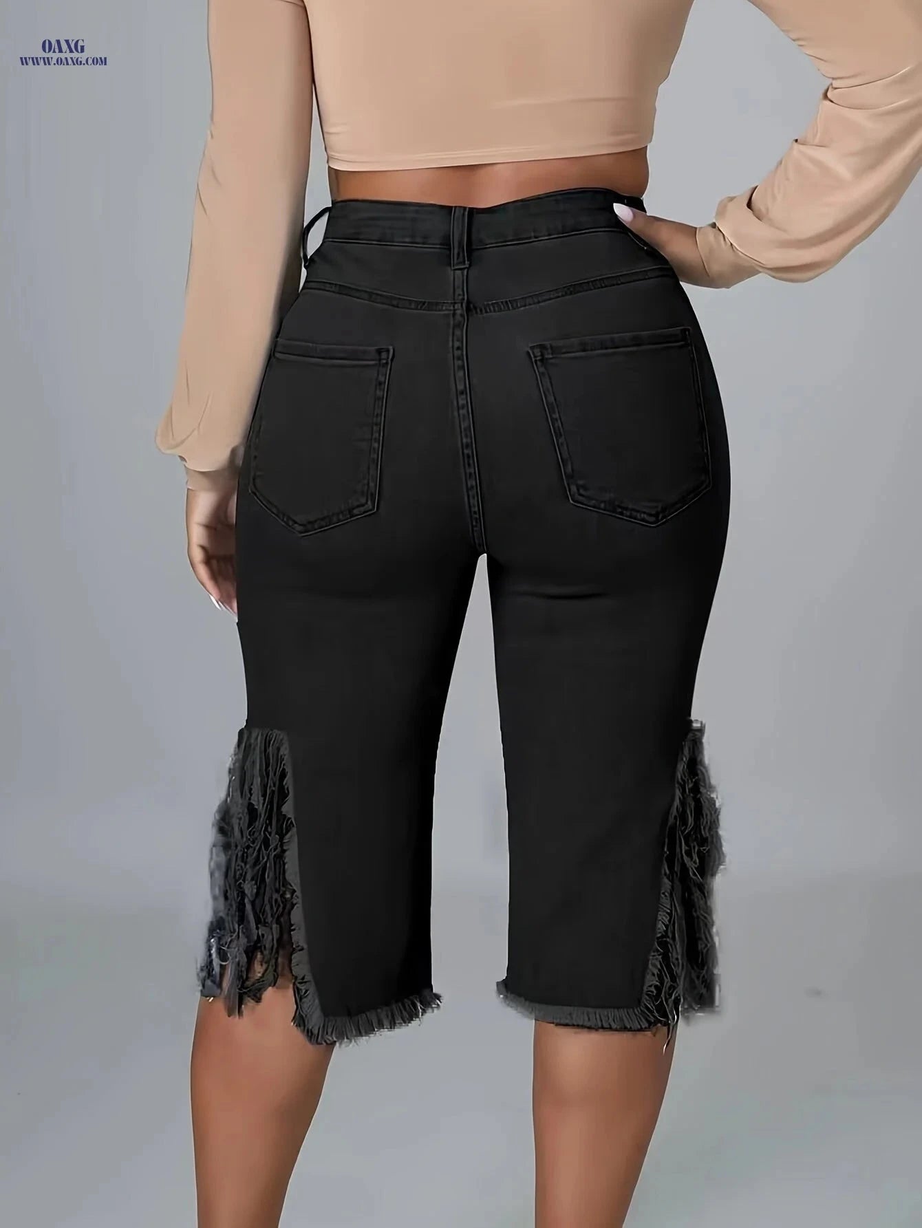 Women's High-Waisted Distressed Denim Shorts - Ripped Fringe Hem   OAXG 