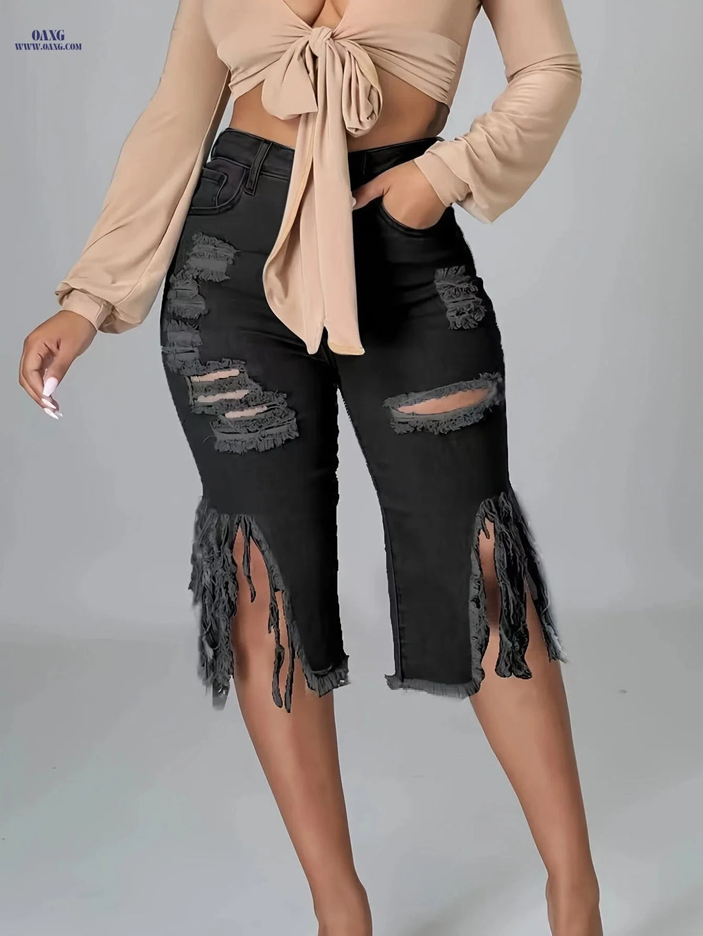 Women's High-Waisted Distressed Denim Shorts - Ripped Fringe Hem   OAXG 