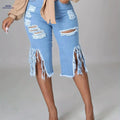 Women's High-Waisted Distressed Denim Shorts - Ripped Fringe Hem   OAXG 