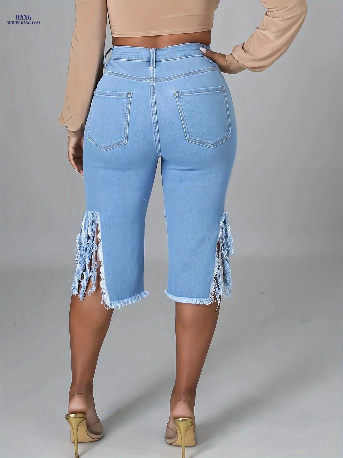 Women's High-Waisted Distressed Denim Shorts - Ripped Fringe Hem   OAXG 
