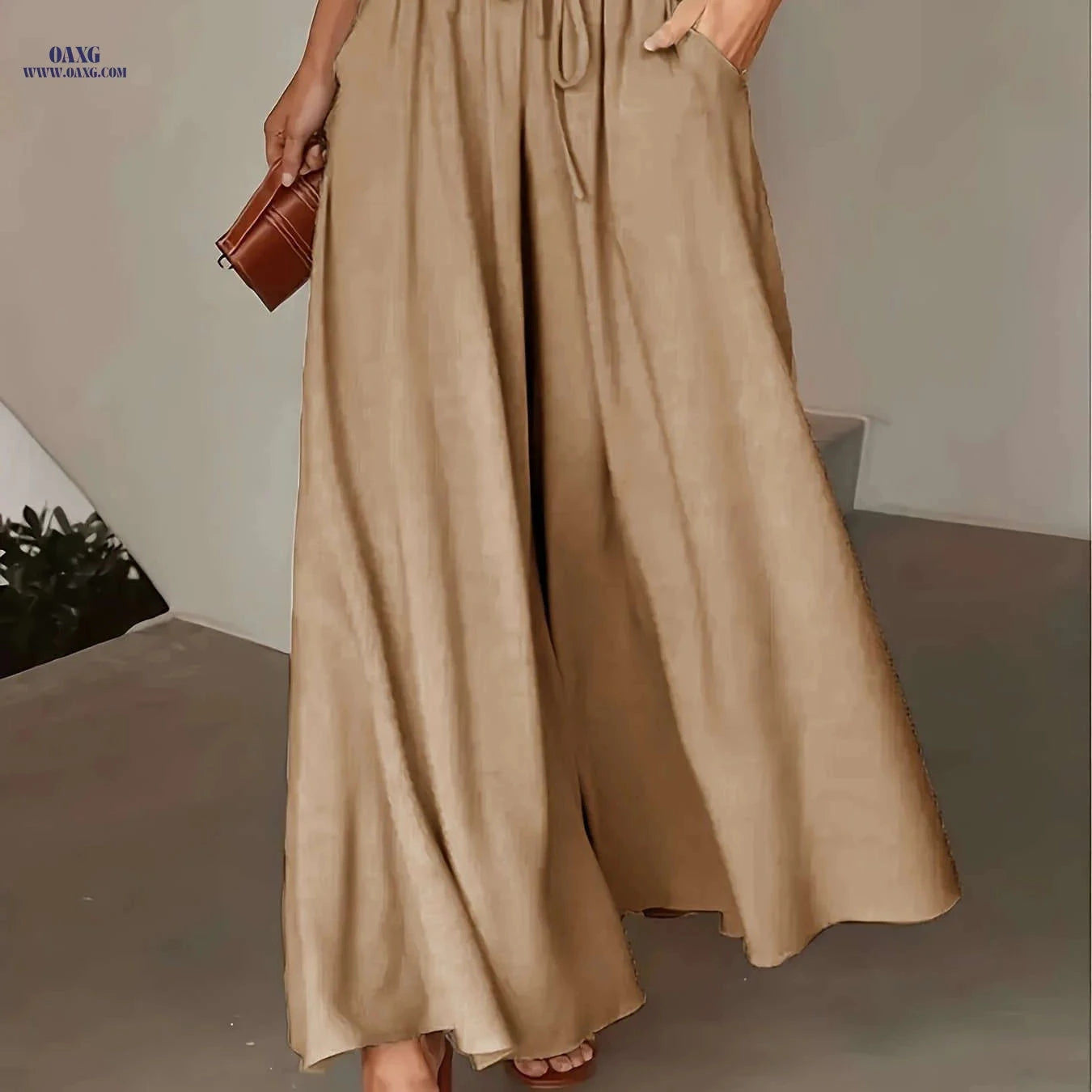 Women's High-Waisted Drawstring Pants - Casual Loose Wide-Leg Fit   OAXG 