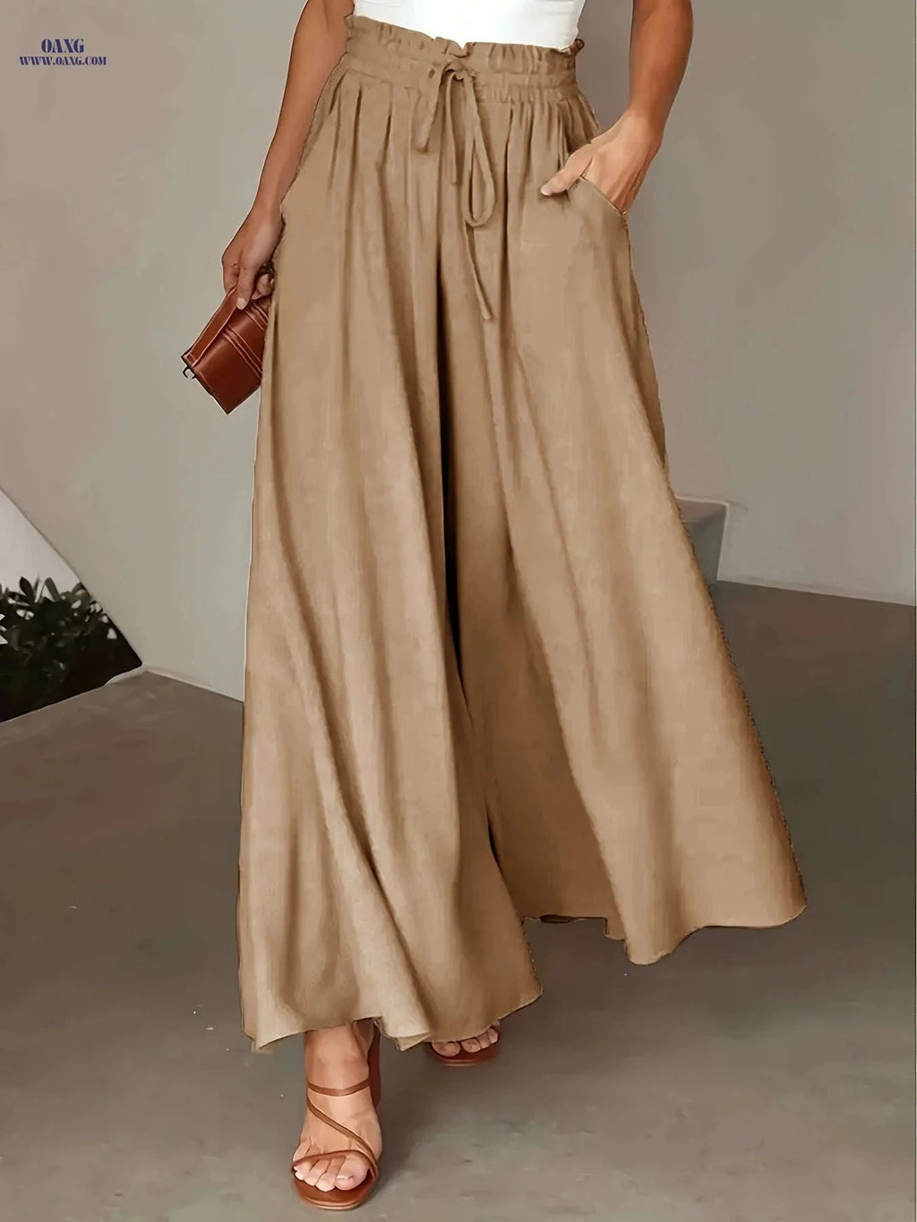 Women's High-Waisted Drawstring Pants - Casual Loose Wide-Leg Fit   OAXG 