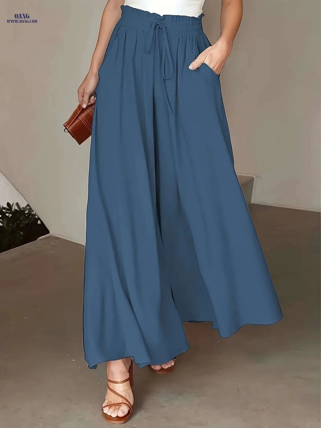 Women's High-Waisted Drawstring Pants - Casual Loose Wide-Leg Fit   OAXG 