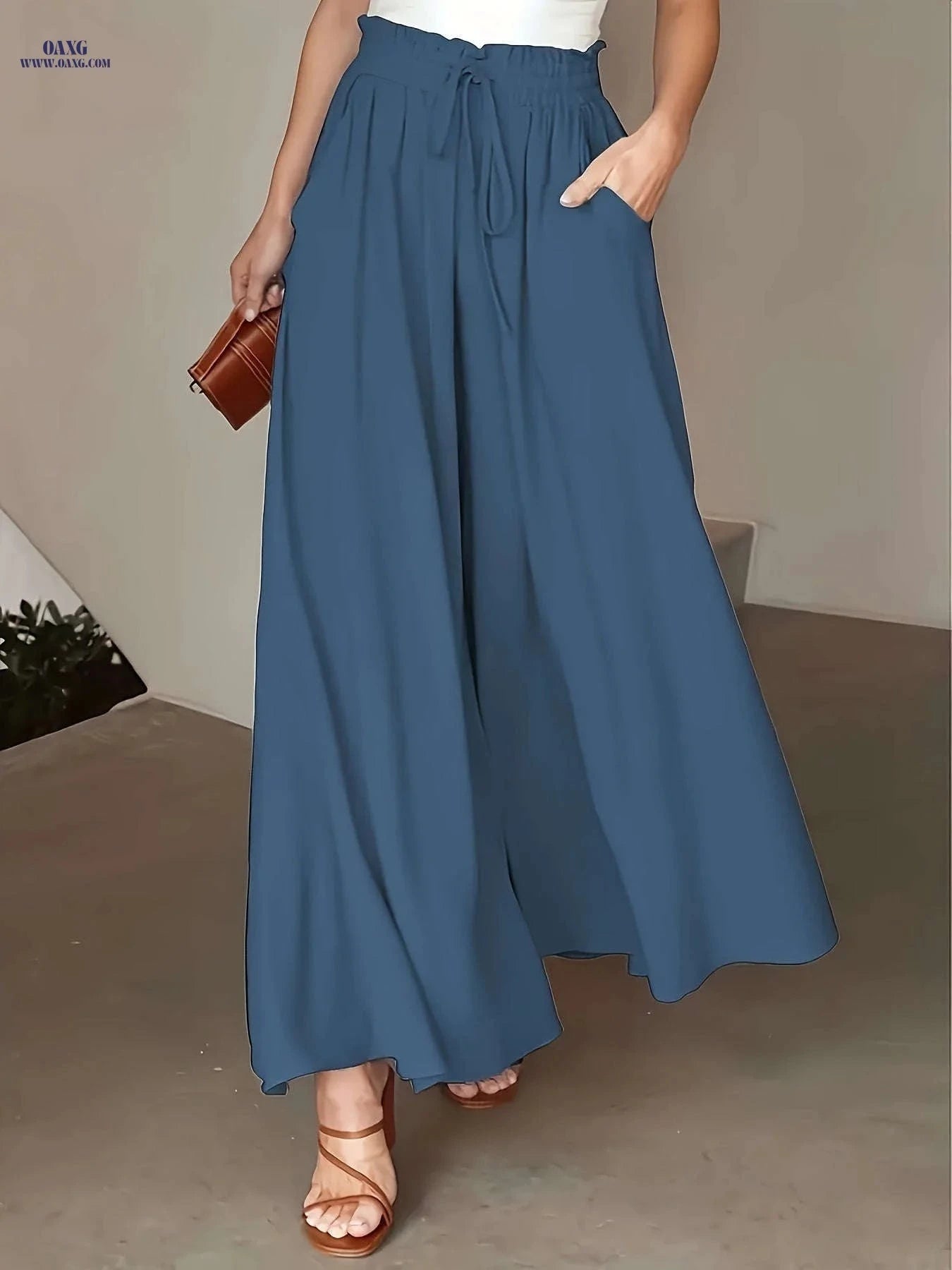 Women's High-Waisted Drawstring Pants - Casual Loose Wide-Leg Fit   OAXG 