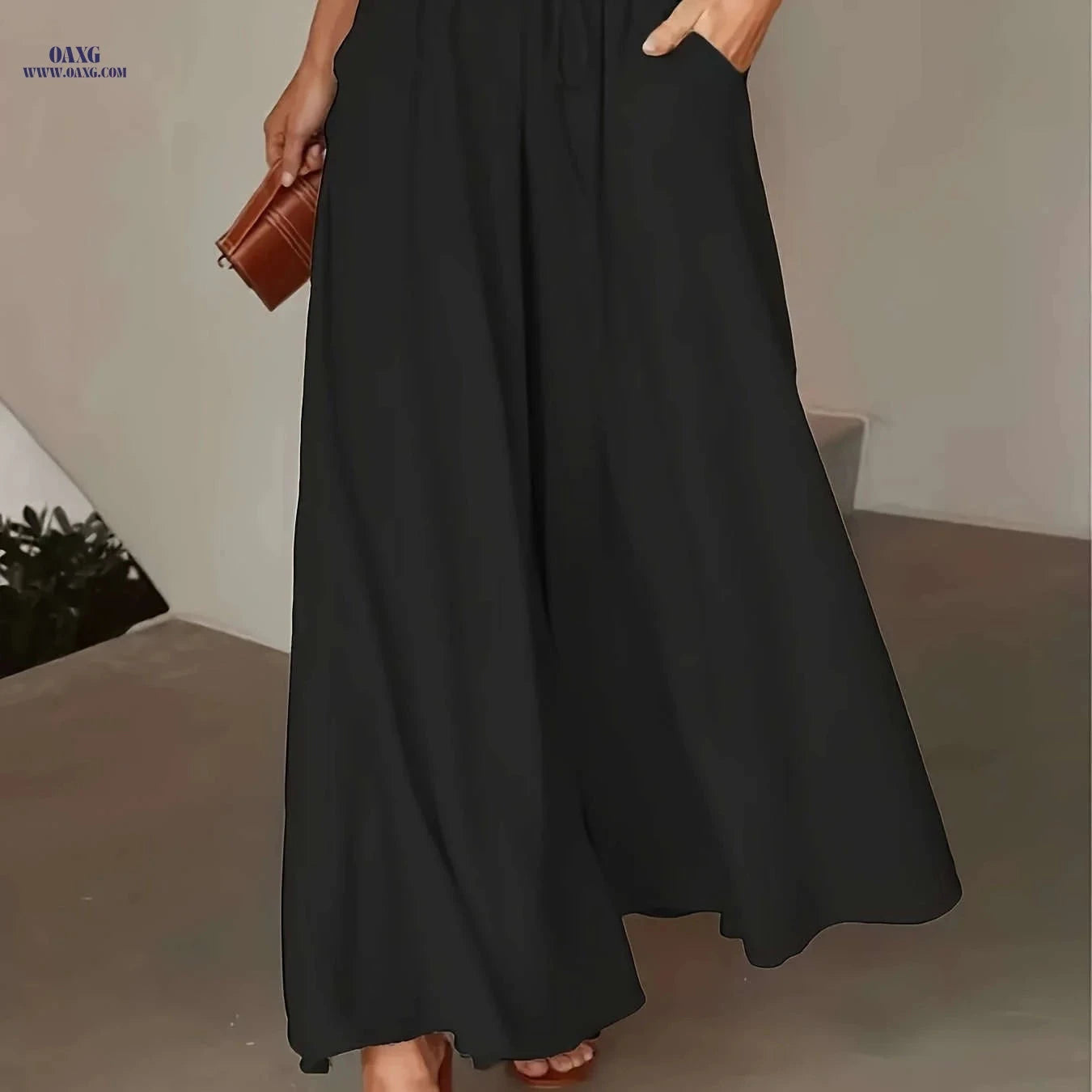 Women's High-Waisted Drawstring Pants - Casual Loose Wide-Leg Fit   OAXG 