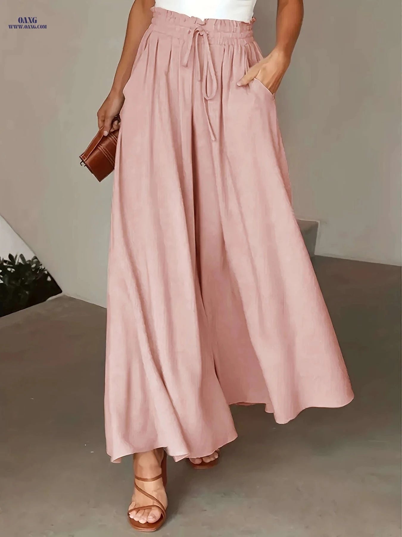 Women's High-Waisted Drawstring Pants - Casual Loose Wide-Leg Fit   OAXG 