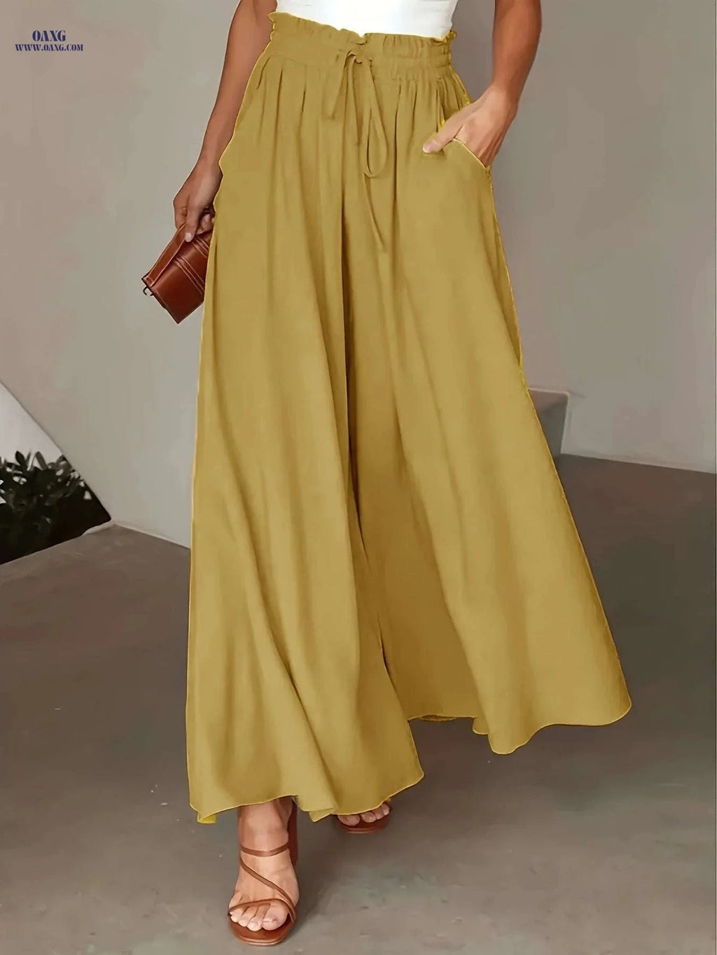 Women's High-Waisted Drawstring Pants - Casual Loose Wide-Leg Fit   OAXG 