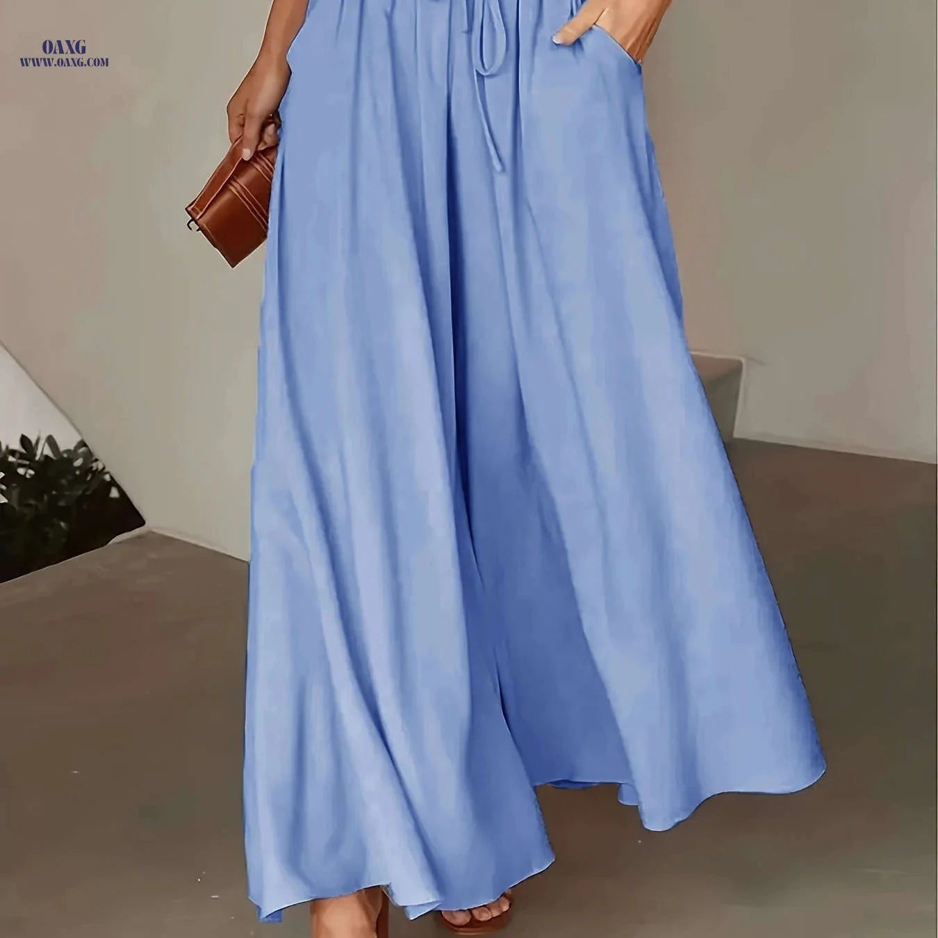 Women's High-Waisted Drawstring Pants - Casual Loose Wide-Leg Fit   OAXG 