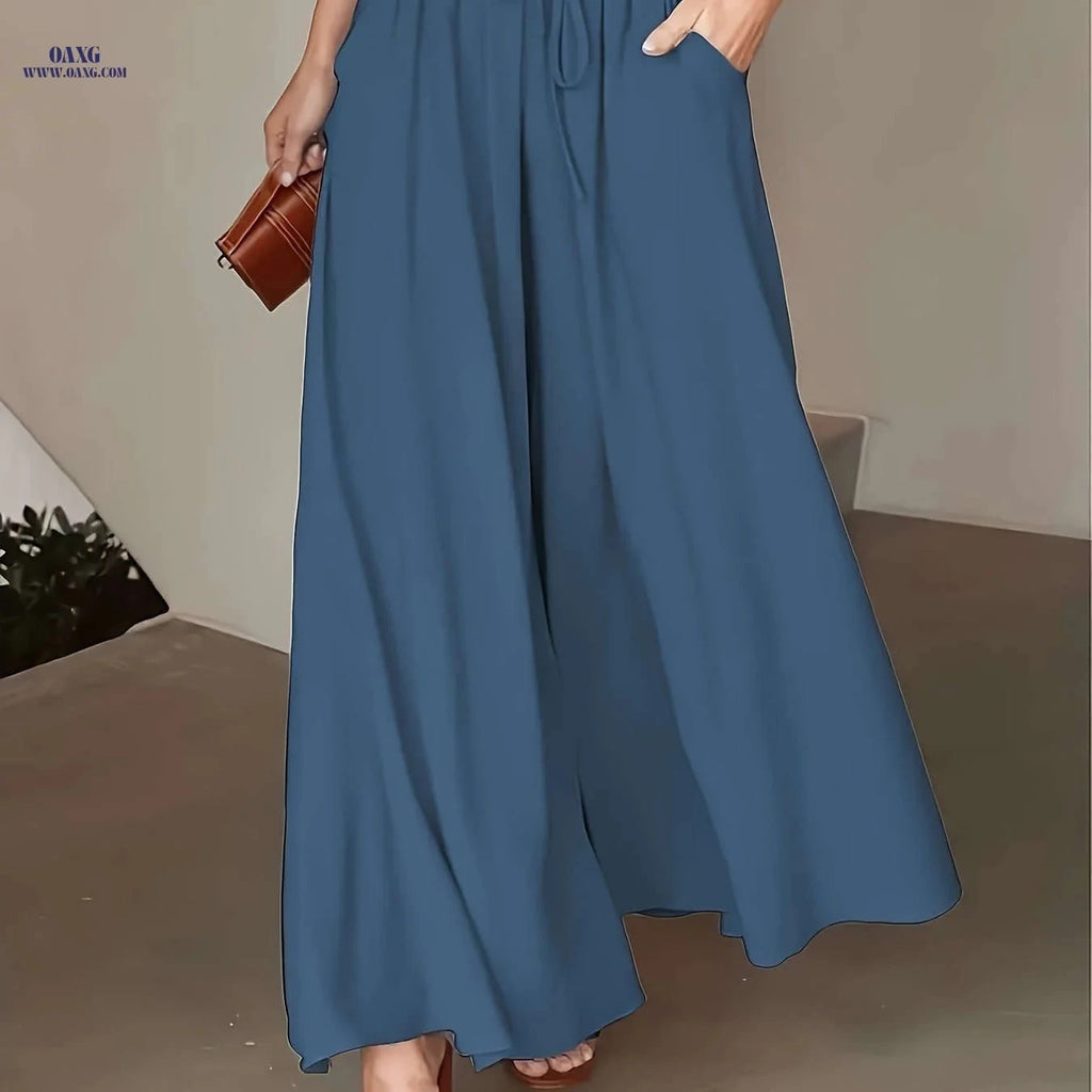 Women's High-Waisted Drawstring Pants - Casual Loose Wide-Leg Fit   OAXG Navy Color / S