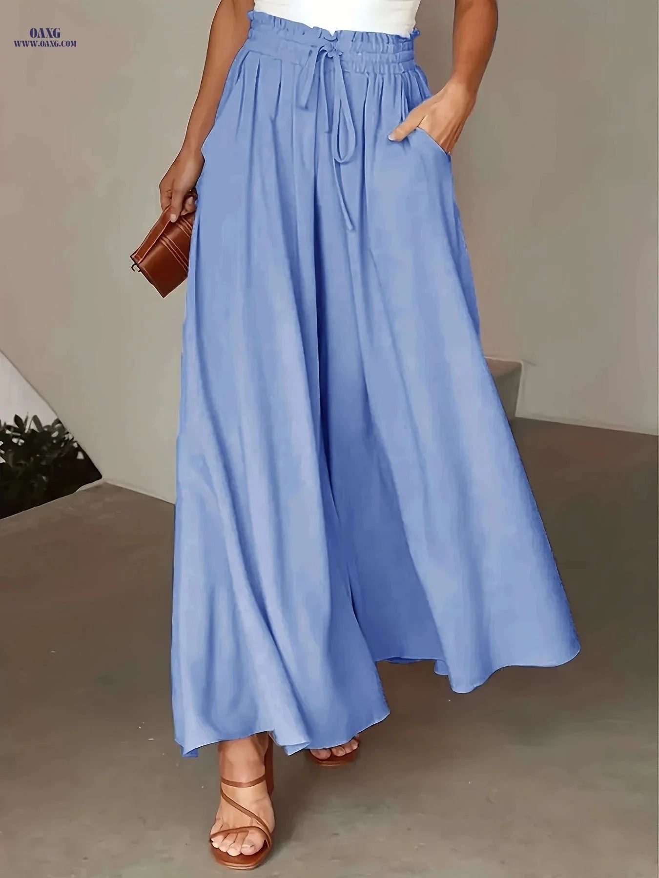 Women's High-Waisted Drawstring Pants - Casual Loose Wide-Leg Fit   OAXG 