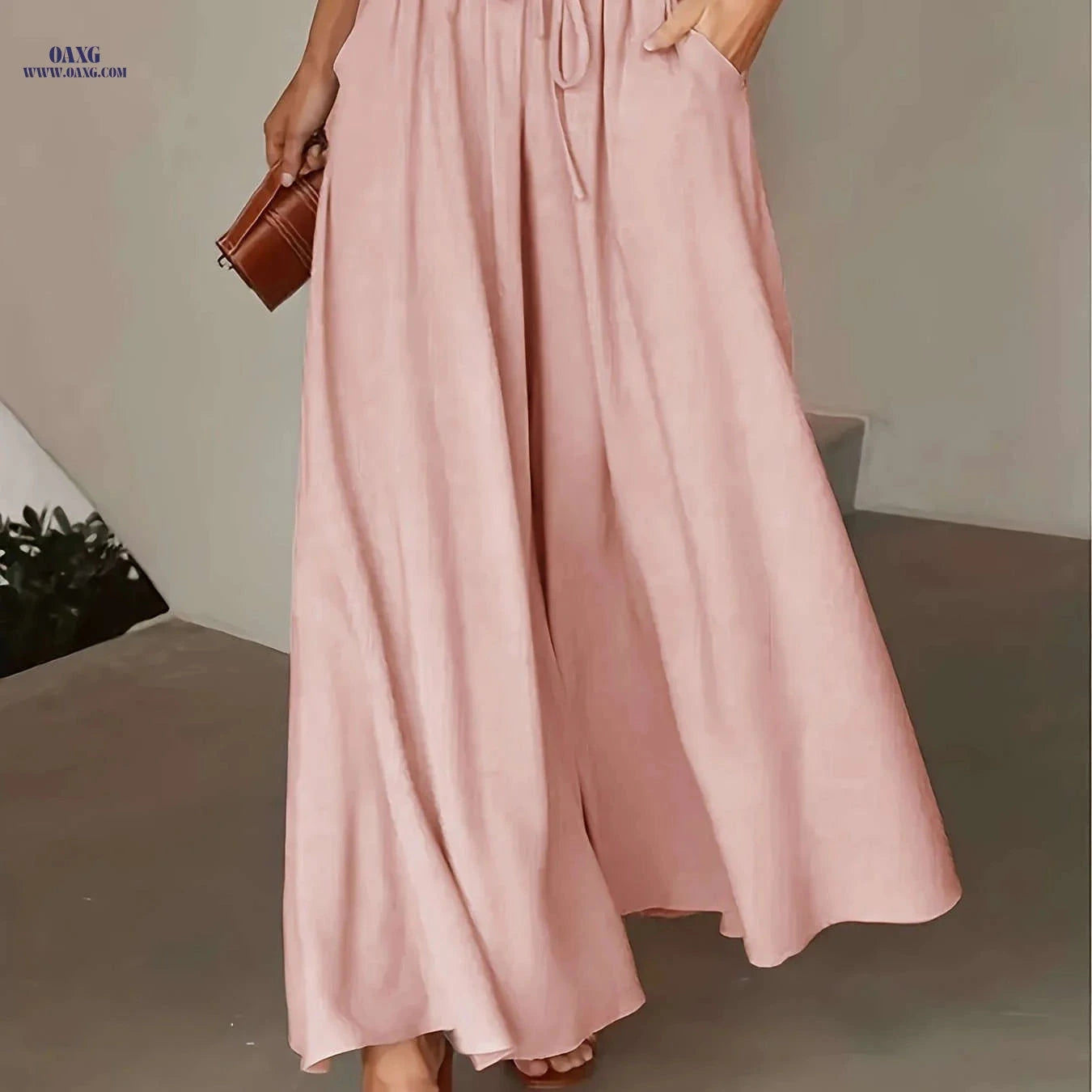 Women's High-Waisted Drawstring Pants - Casual Loose Wide-Leg Fit   OAXG 