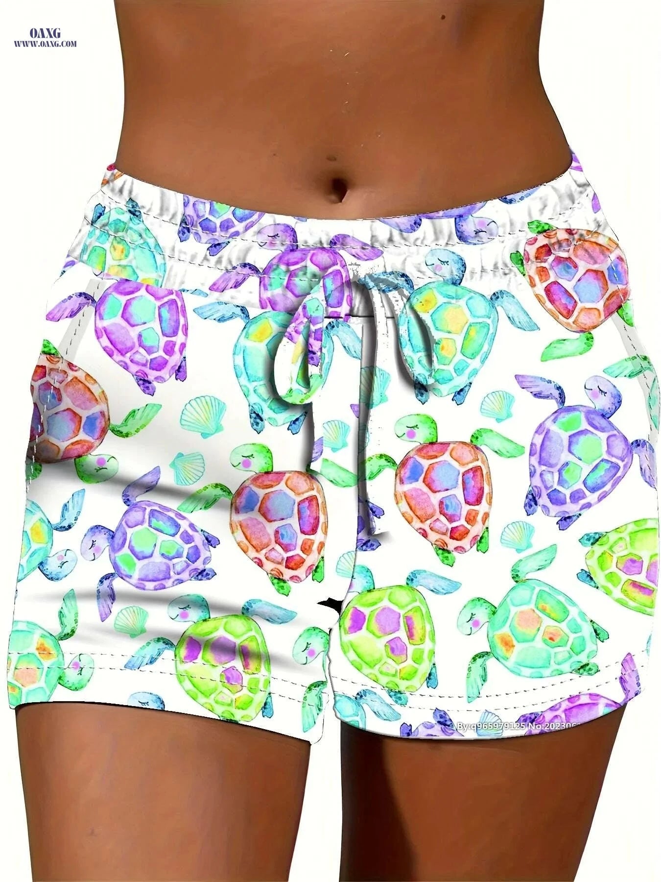 Women's High-Waisted Elastic Shorts - Adjustable Drawstring, Turtle Print   OAXG 