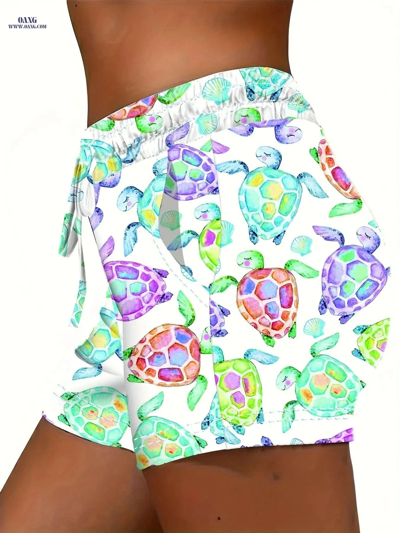 Women's High-Waisted Elastic Shorts - Adjustable Drawstring, Turtle Print   OAXG 