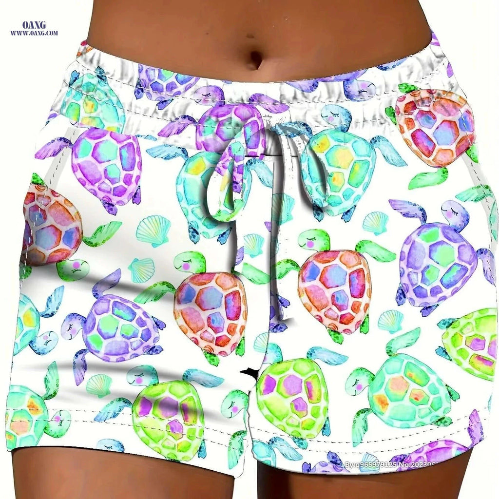 Women's High-Waisted Elastic Shorts - Adjustable Drawstring, Turtle Print   OAXG 