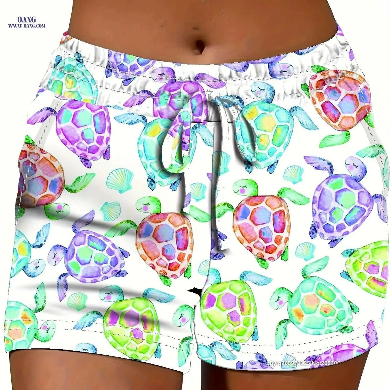Women's High-Waisted Elastic Shorts - Adjustable Drawstring, Turtle Print   OAXG 