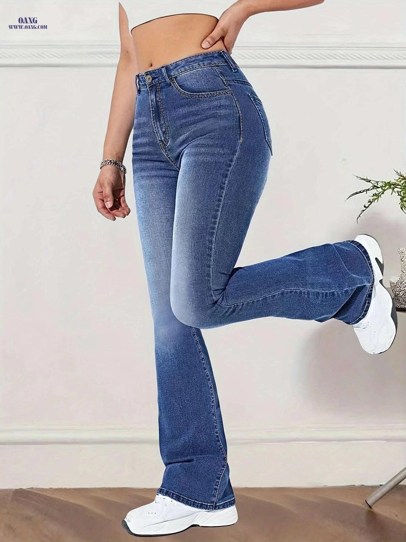 Women's High-Waisted Flare Jeans - Stretchy Denim for Casual Style   OAXG Blue / XS