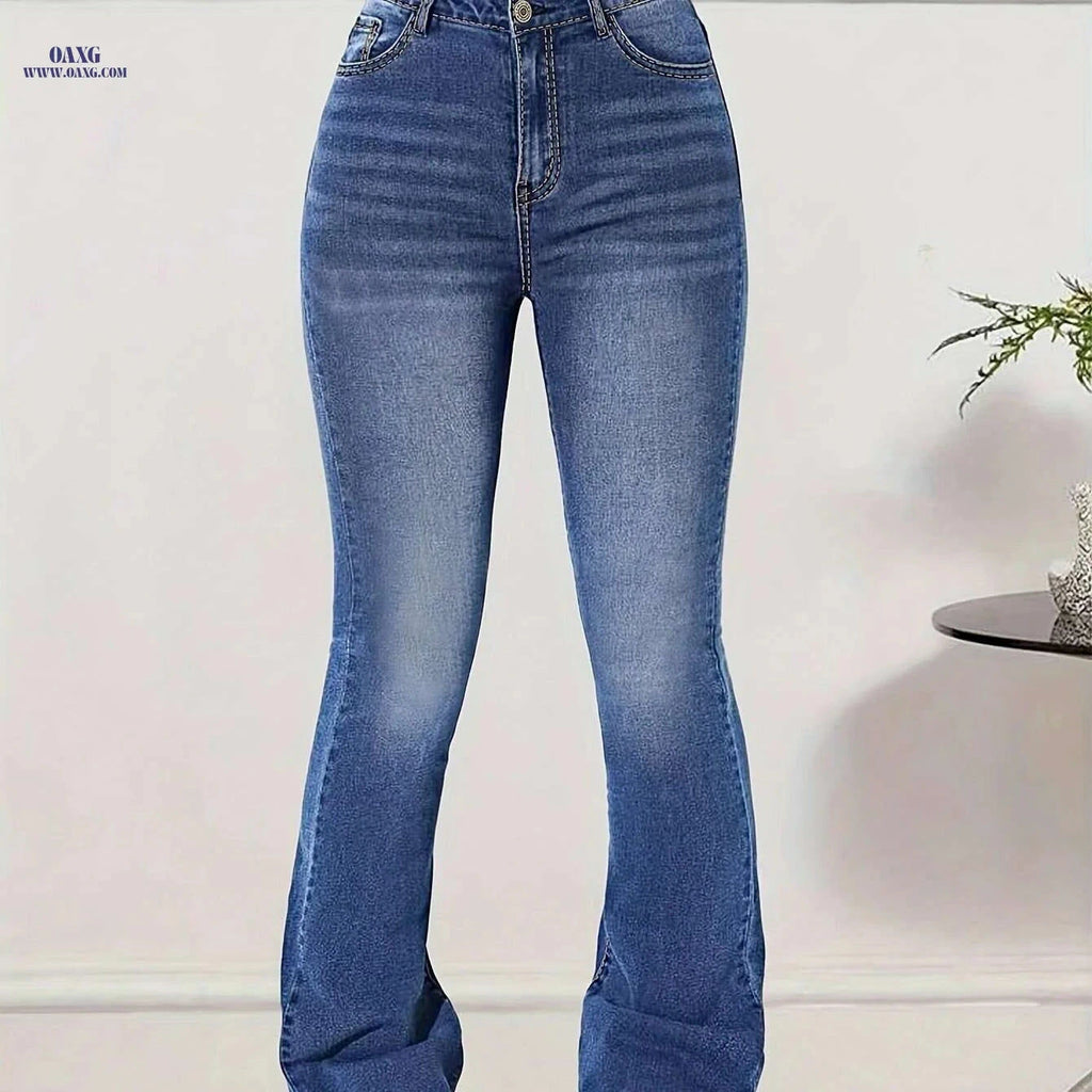 Women's High-Waisted Flare Jeans - Stretchy Denim for Casual Style   OAXG Blue / XS