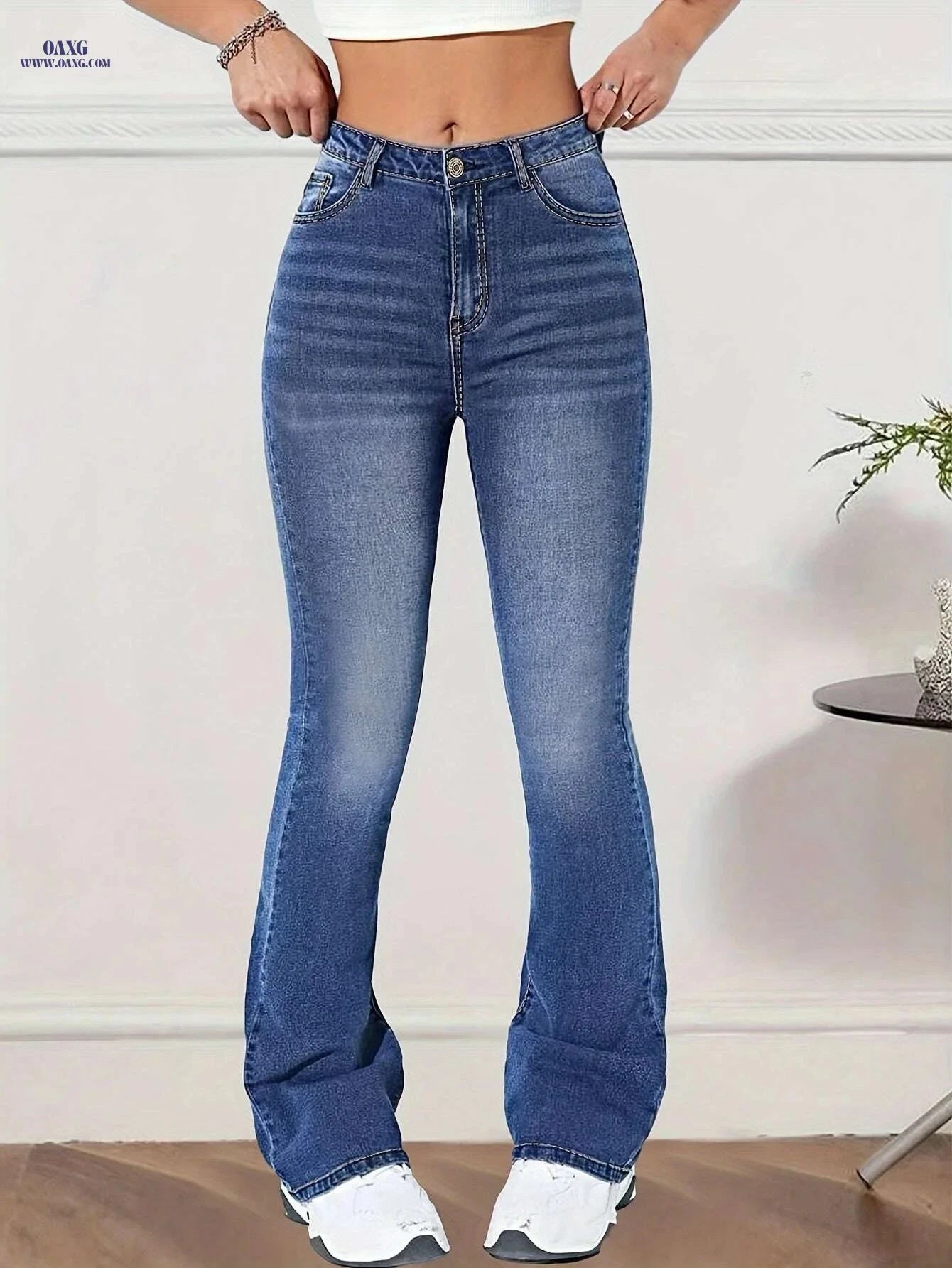 Women's High-Waisted Flare Jeans - Stretchy Denim for Casual Style   OAXG Blue / XS