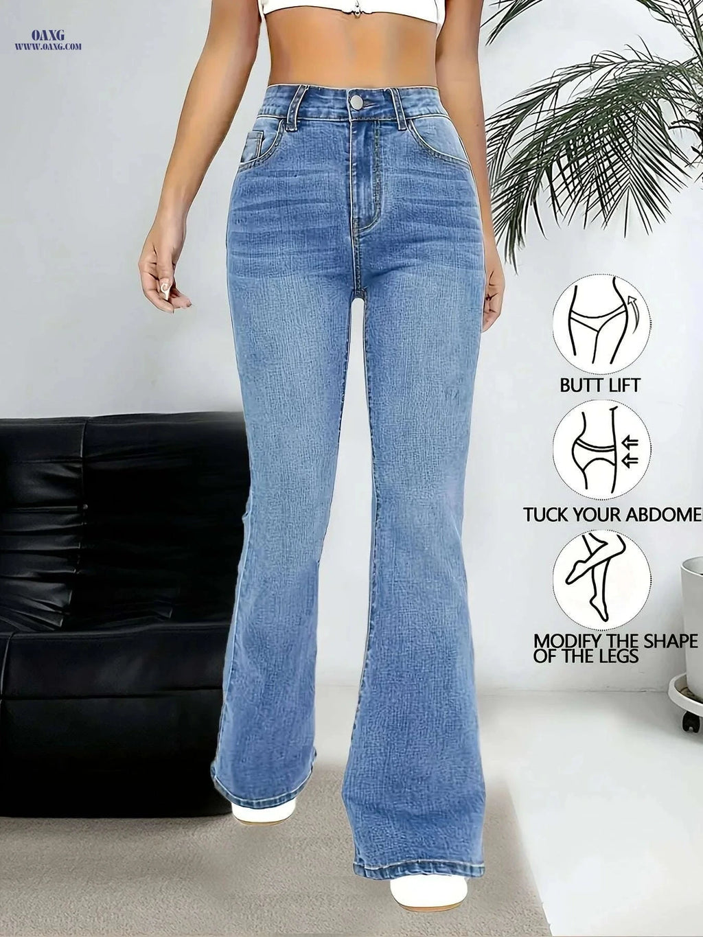 Women's High-Waisted Flared Bell-Bottom Jeans - Stretchy, Elegant Fit   OAXG Sky Blue / XS
