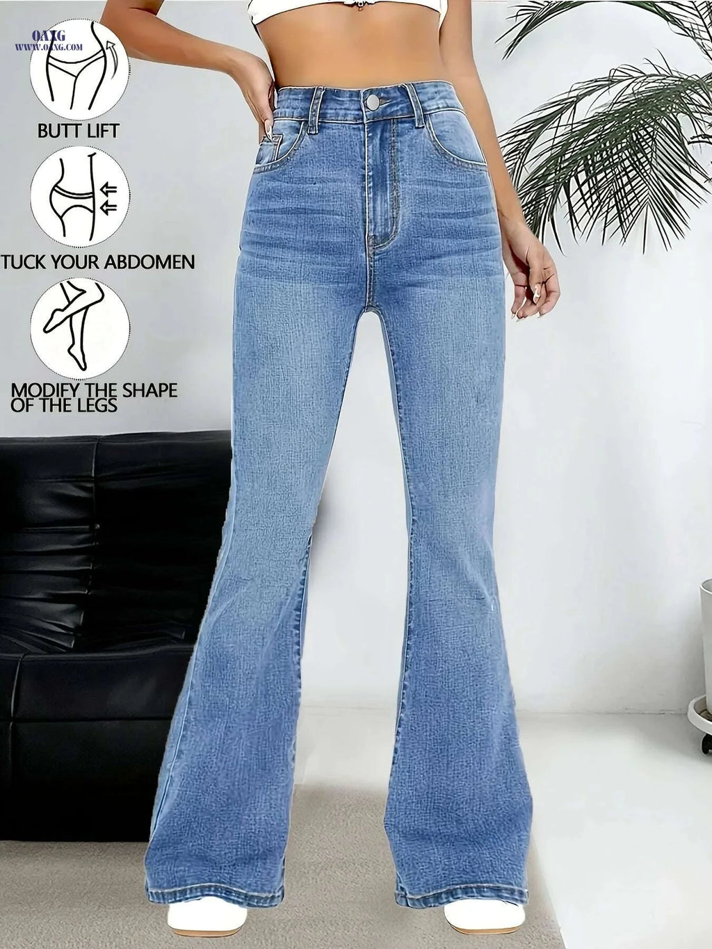 Women's High-Waisted Flared Bell-Bottom Jeans - Stretchy, Elegant Fit   OAXG Sky Blue / XS