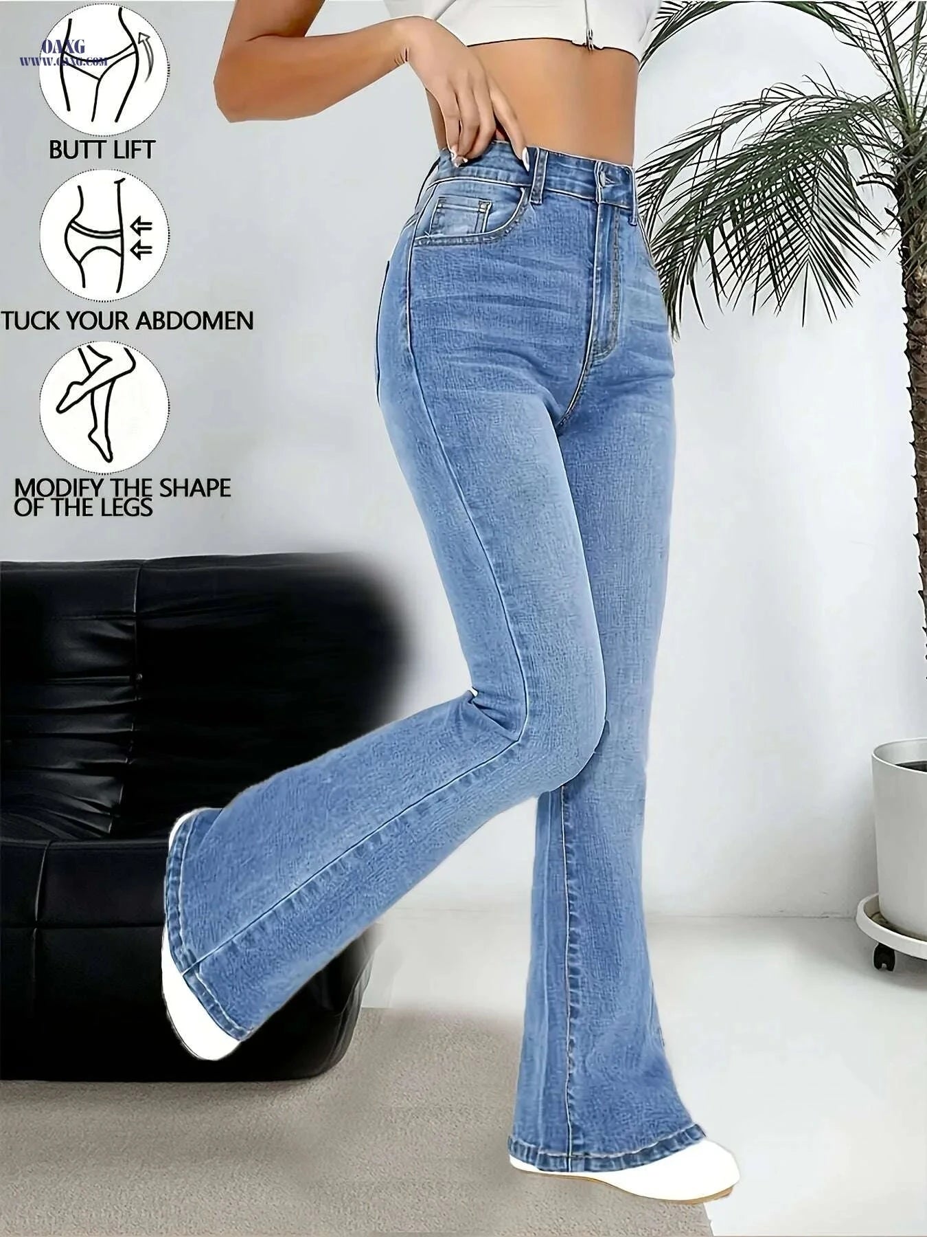 Women's High-Waisted Flared Bell-Bottom Jeans - Stretchy, Elegant Fit   OAXG Sky Blue / XS