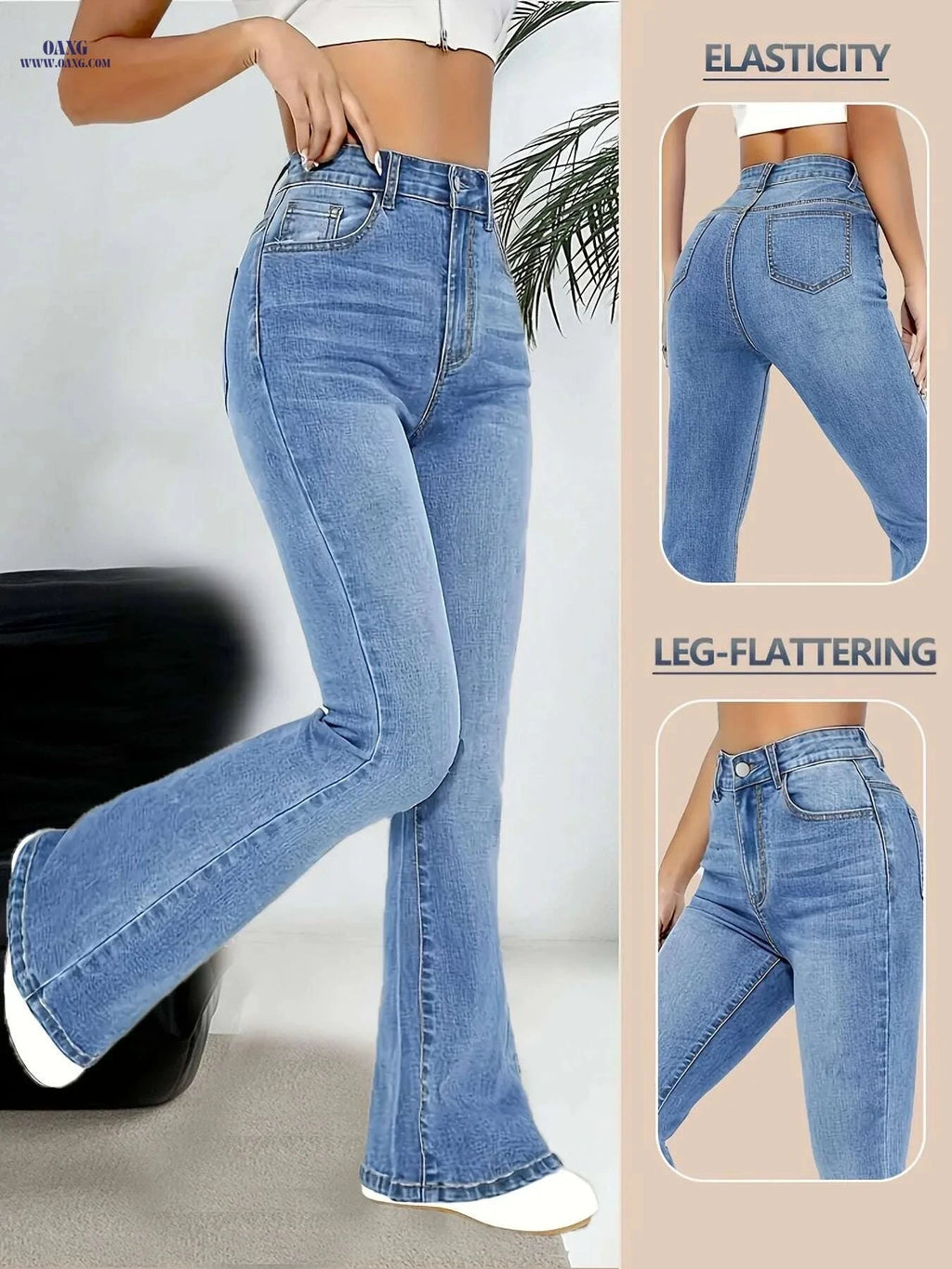 Women's High-Waisted Flared Bell-Bottom Jeans - Stretchy, Elegant Fit   OAXG Sky Blue / XS