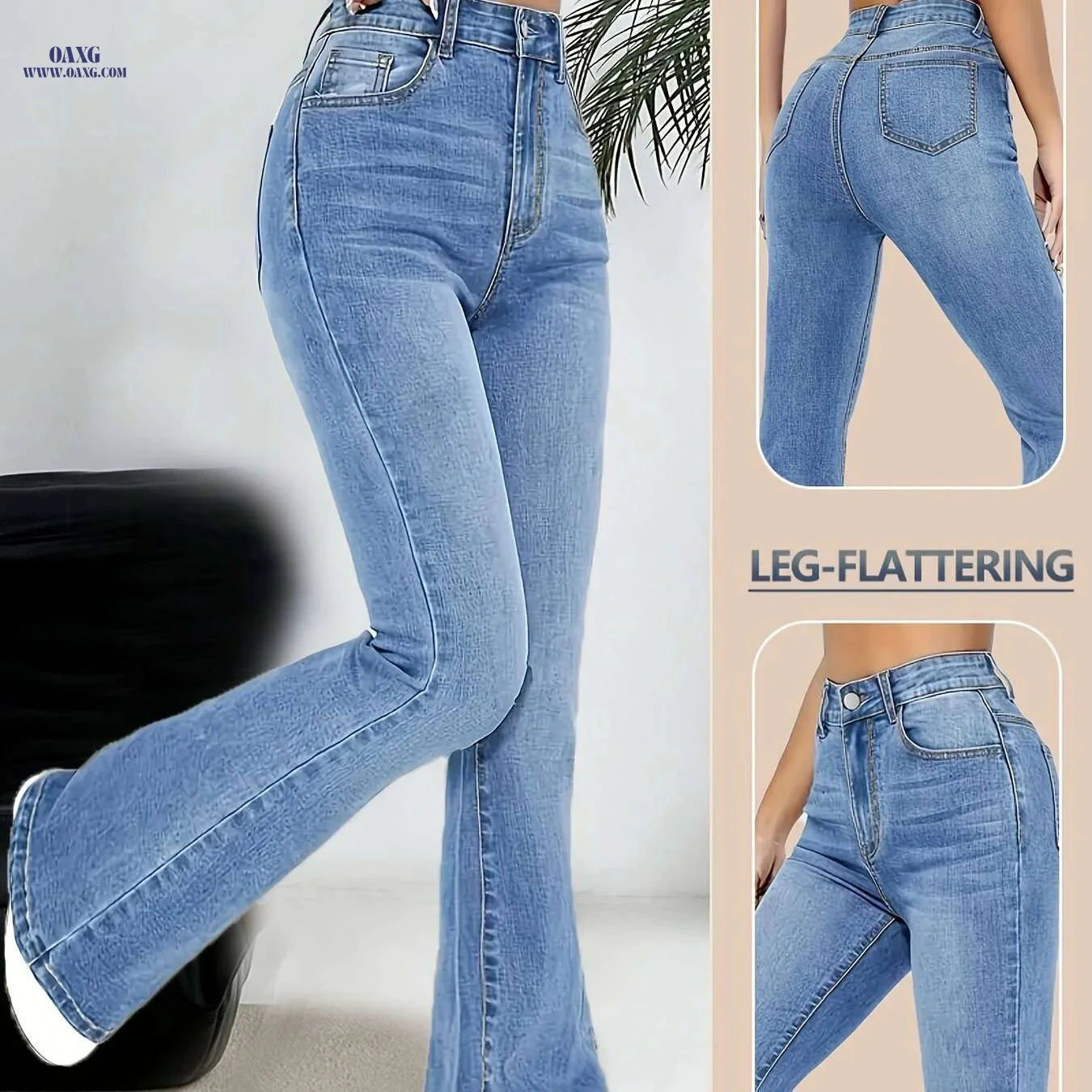 Women's High-Waisted Flared Bell-Bottom Jeans - Stretchy, Elegant Fit   OAXG Sky Blue / XS