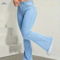Women's High-Waisted Flared Jeans - Light Blue Stretch Denim   OAXG 