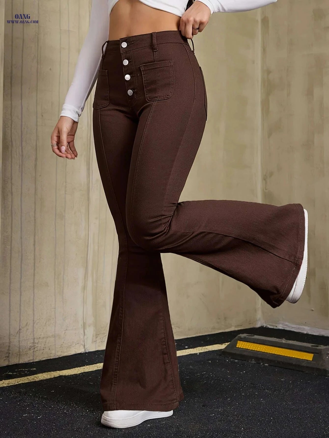 Women's High-Waisted Flared Jeans - Solid Color, All-Season Style   OAXG Coffee color / XS