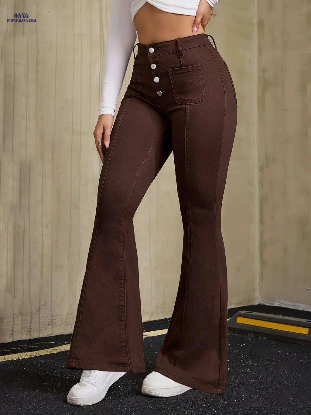 Women's High-Waisted Flared Jeans - Solid Color, All-Season Style   OAXG Coffee color / XS
