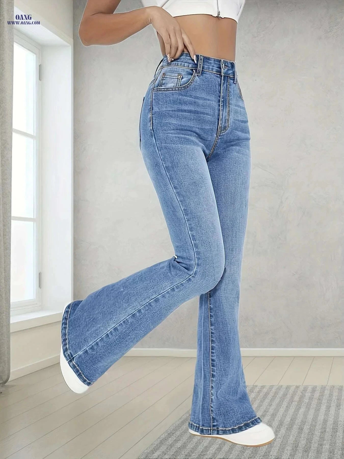 Women's High-Waisted Flared Jeans - Stretchy Slim Fit, Classic Blue   OAXG Blue / XS