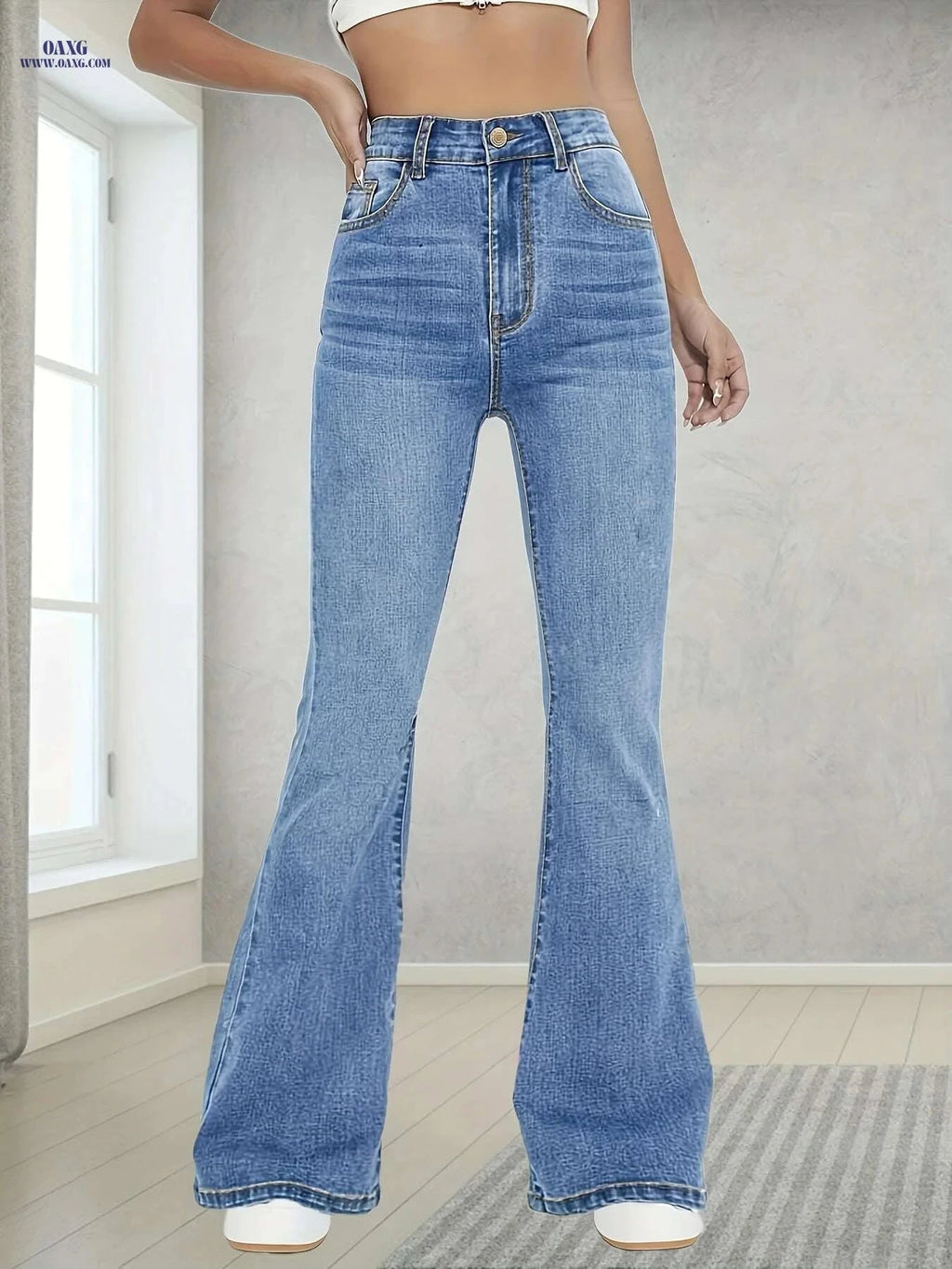 Women's High-Waisted Flared Jeans - Stretchy Slim Fit, Classic Blue   OAXG Blue / XS