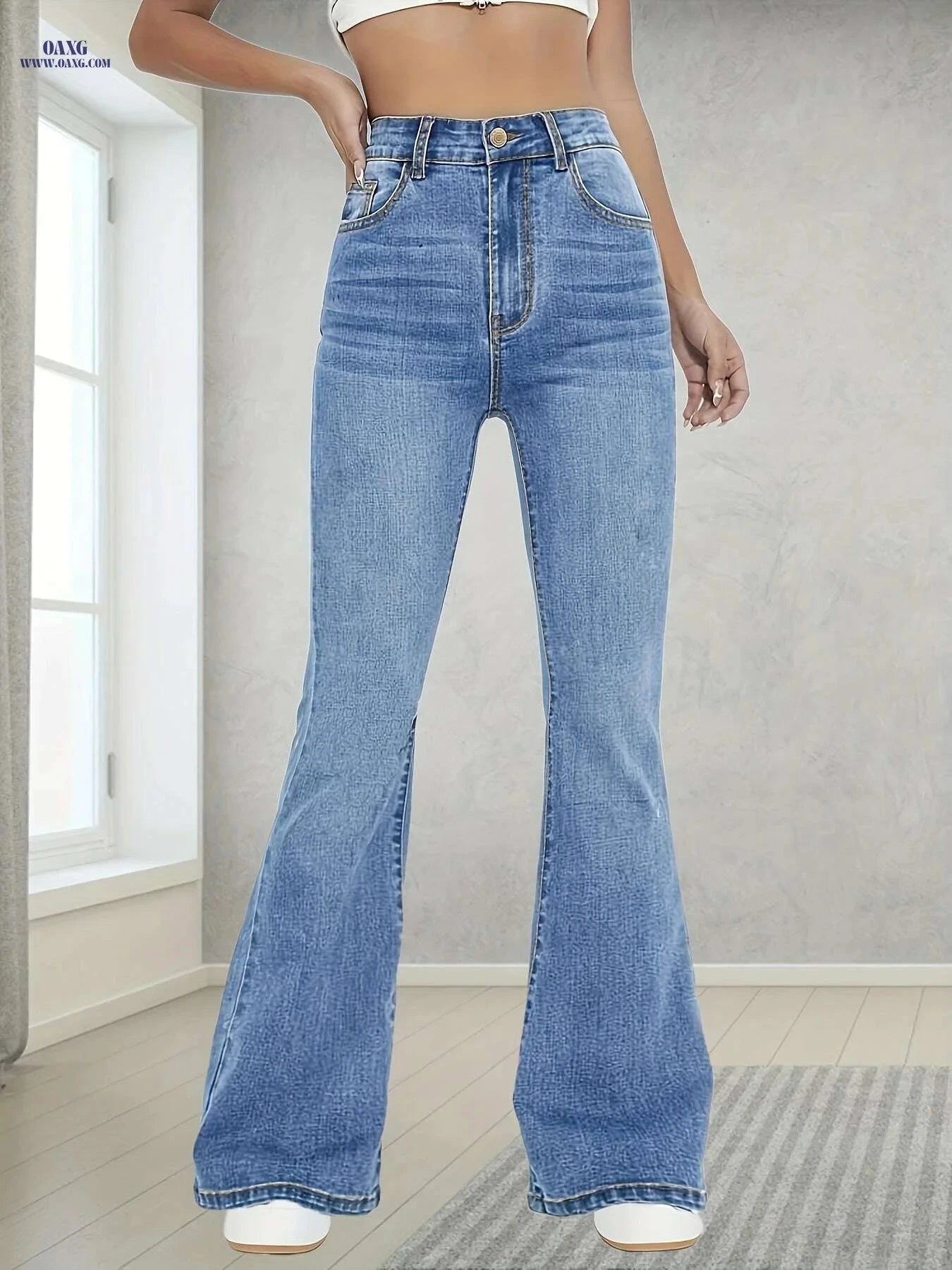 Women's High-Waisted Flared Jeans - Stretchy Slim Fit, Classic Blue   OAXG Blue / XS