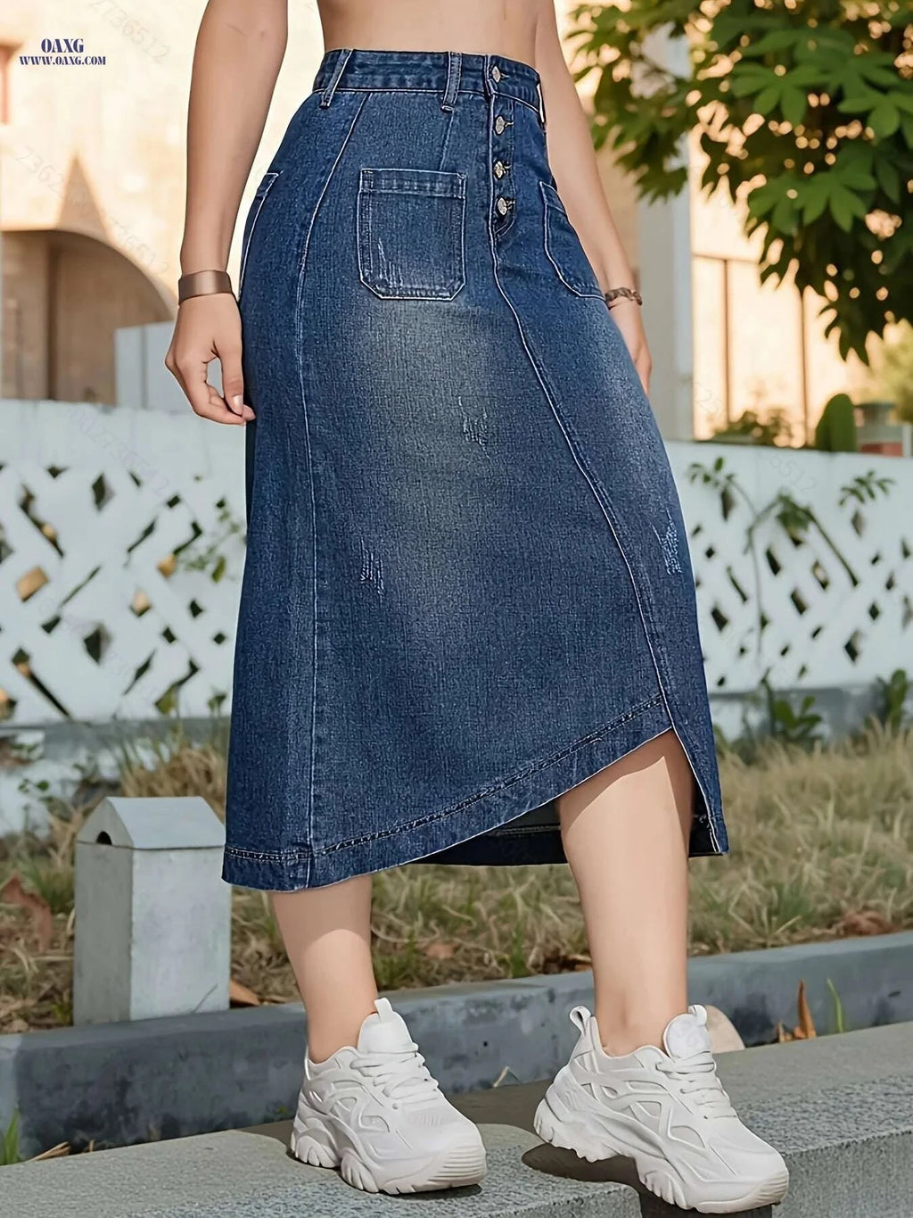 Women's High-Waisted Flared Maxi Skirt - Stretchy Denim, Button Closure   OAXG 