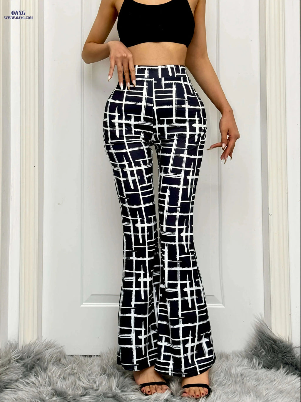 Women's High-Waisted Flared Pants - Artistic Striped Print, All-Season   OAXG Black / S