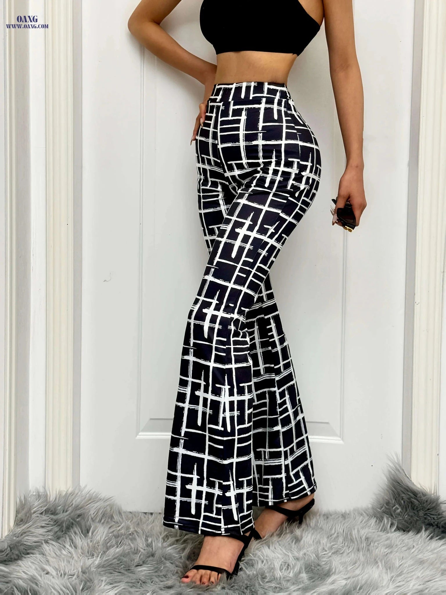 Women's High-Waisted Flared Pants - Artistic Striped Print, All-Season   OAXG Black / S