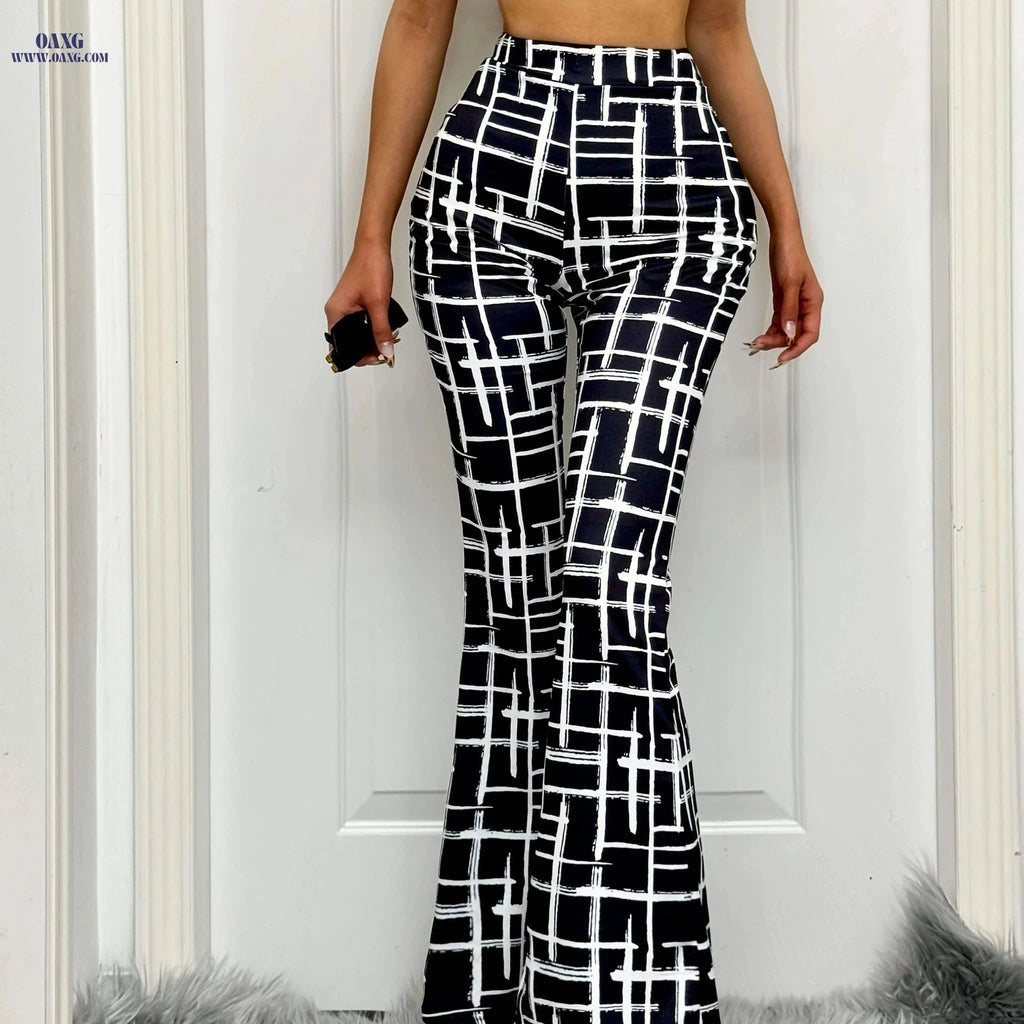 Women's High-Waisted Flared Pants - Artistic Striped Print, All-Season   OAXG Black / S