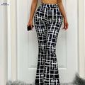 Women's High-Waisted Flared Pants - Artistic Striped Print, All-Season   OAXG Black / S