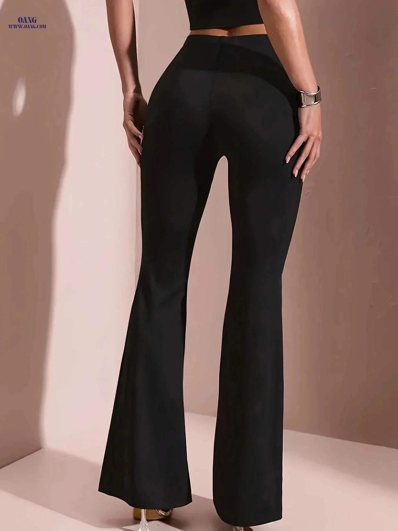 Women's High-Waisted Flared Pants - Stylish Elastic Waist and Chain Detail   OAXG Black / S