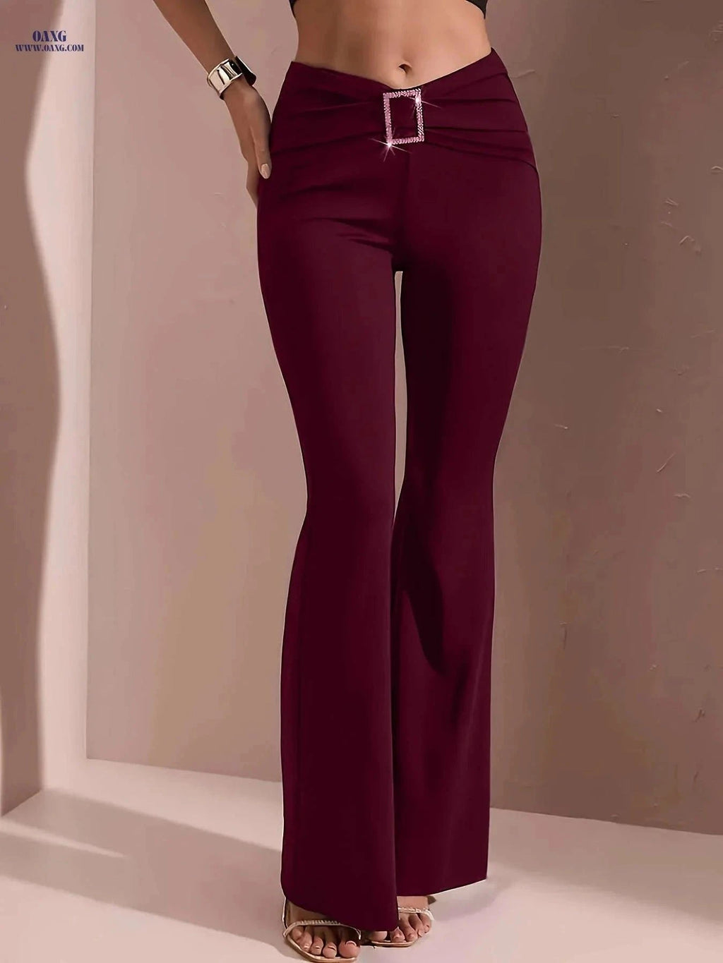 Women's High-Waisted Flared Pants - Stylish Elastic Waist and Chain Detail   OAXG Black / S