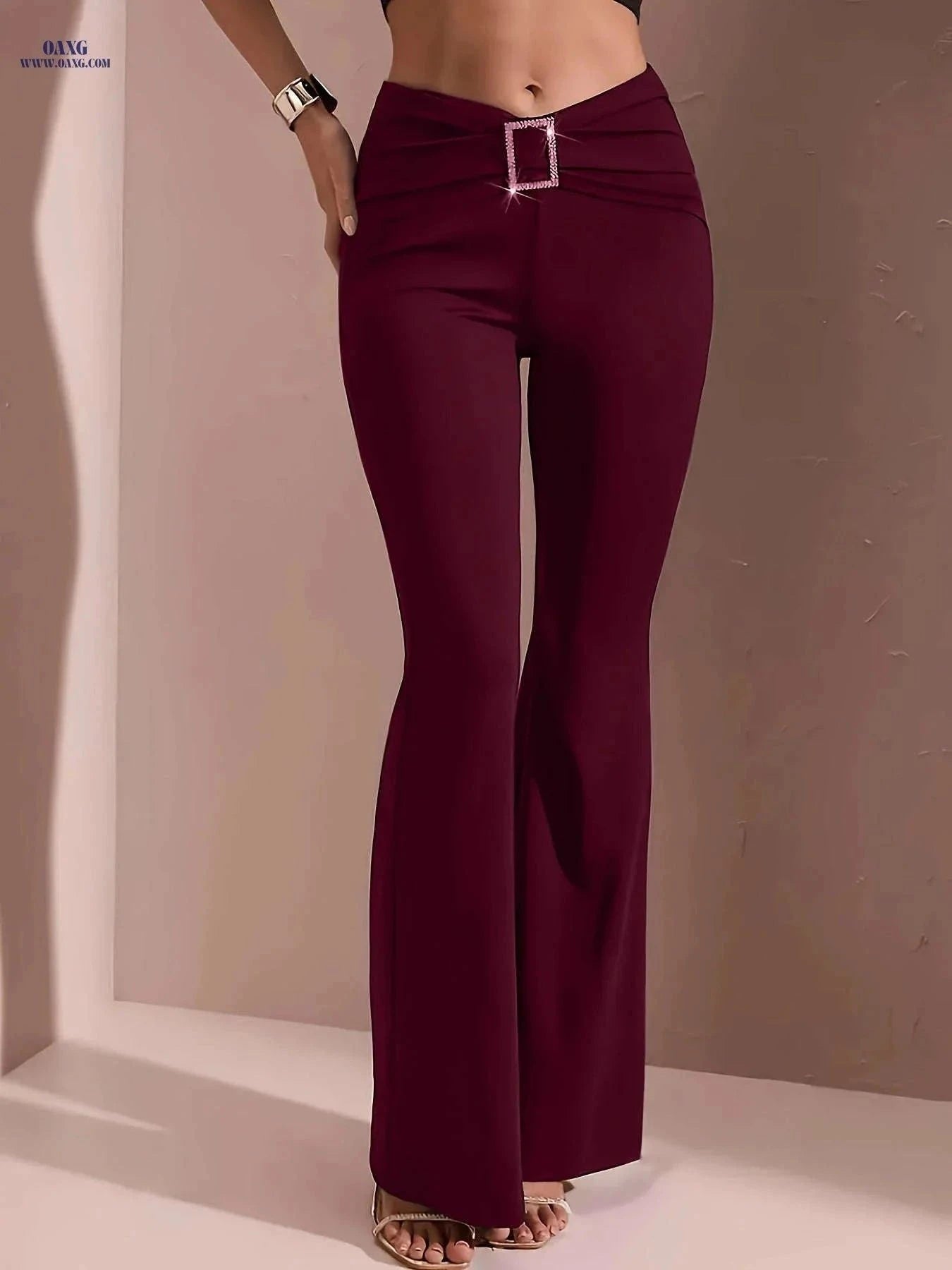 Women's High-Waisted Flared Pants - Stylish Elastic Waist and Chain Detail   OAXG Black / S