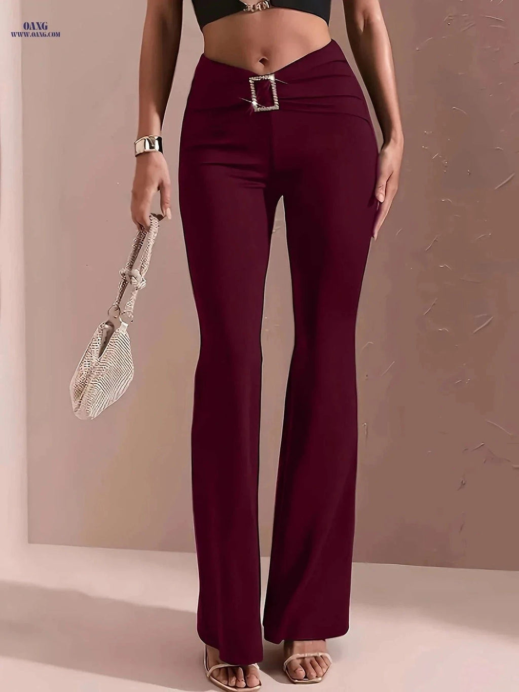 Women's High-Waisted Flared Pants - Stylish Elastic Waist and Chain Detail   OAXG Black / S